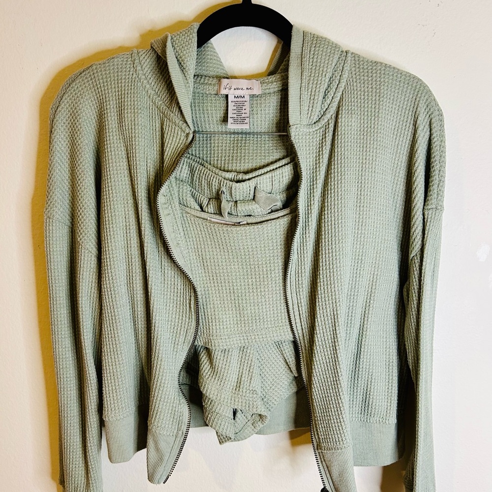 3 Piece Cozy Green Waffle Knit Hoodie, Top, & Shorts